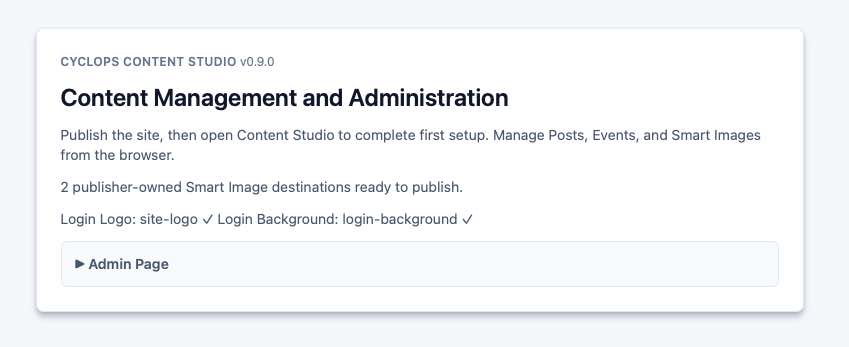 Admin component canvas summary showing Smart Image destinations and login branding keys.