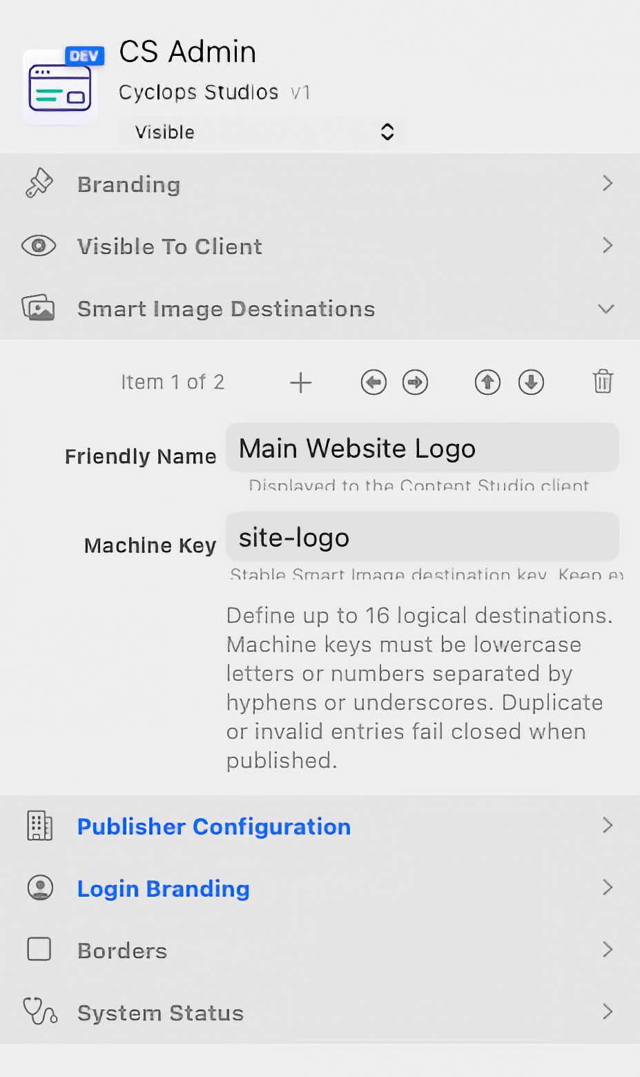 Smart Image Destinations inspector with Main Website Logo and the site-logo Machine Key.