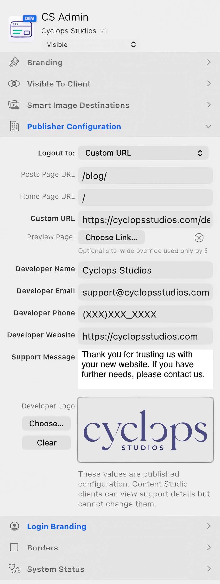 Publisher Configuration with logout settings, developer support details, and Developer Logo.