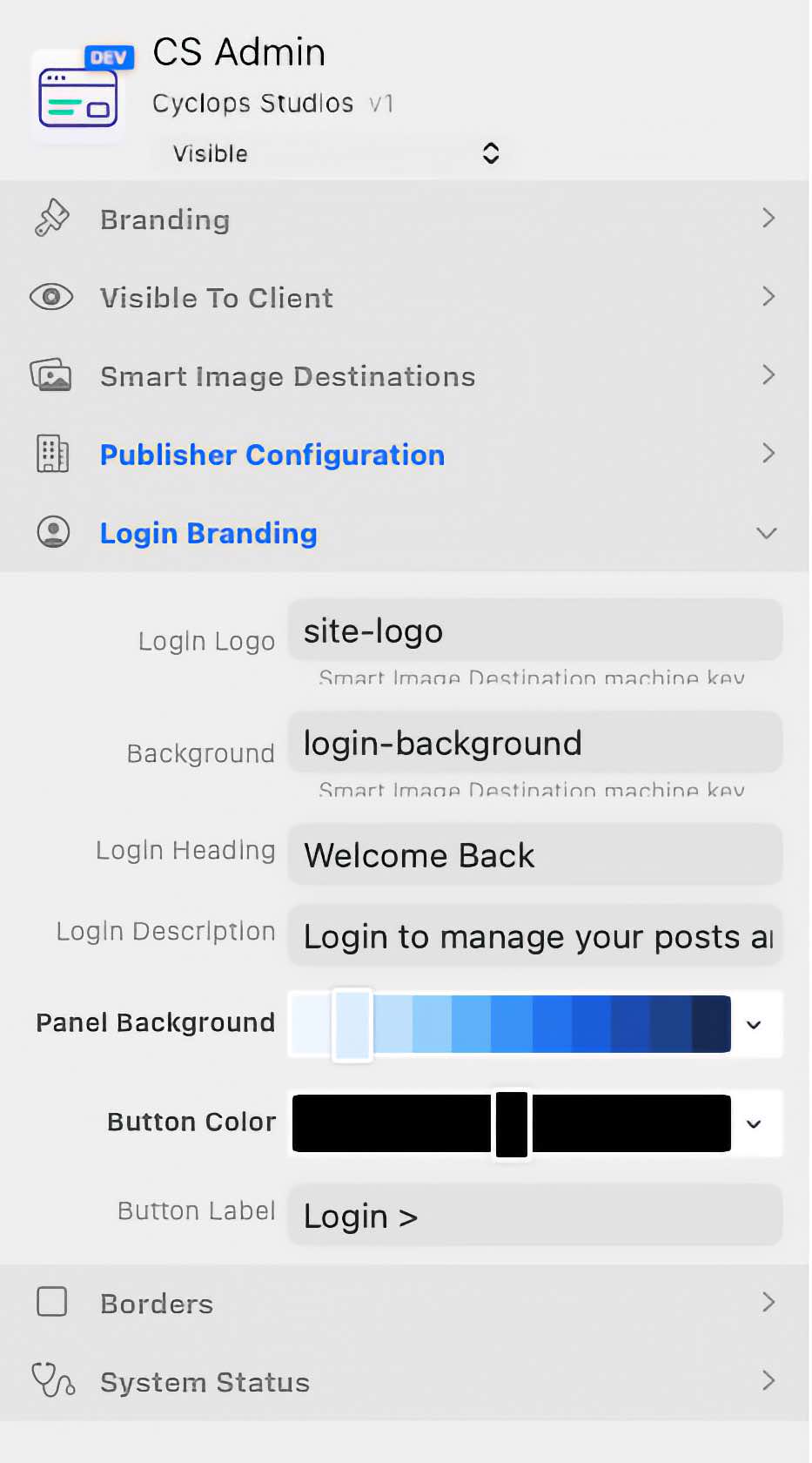 Login Branding controls using site-logo and login-background destinations.