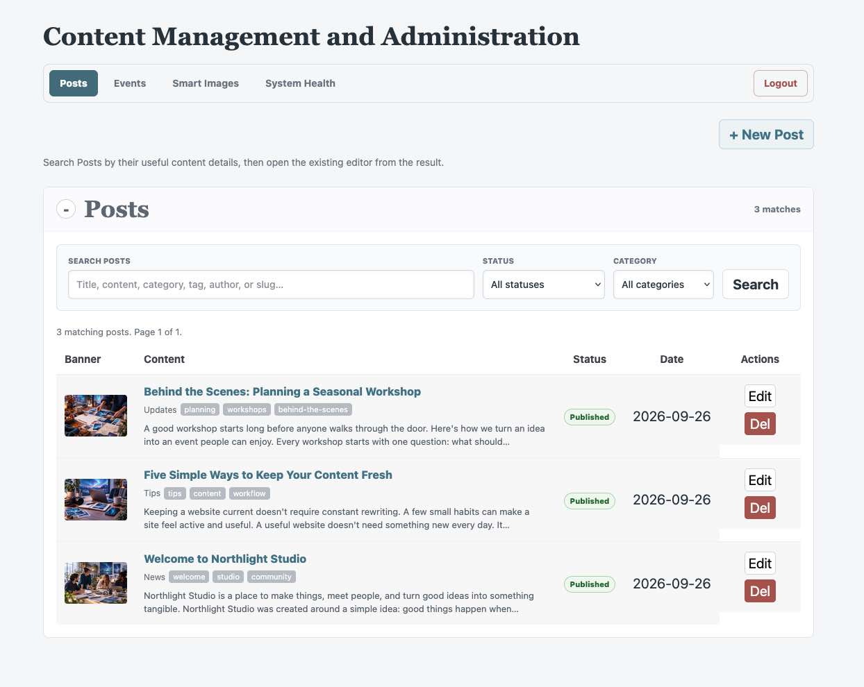Content Studio administration showing Posts and the Smart Images tab, without an optional Site Logo.