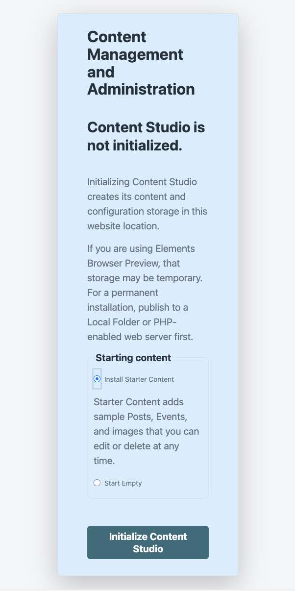 Content Studio initialization with Install Starter Content selected and Start Empty available.