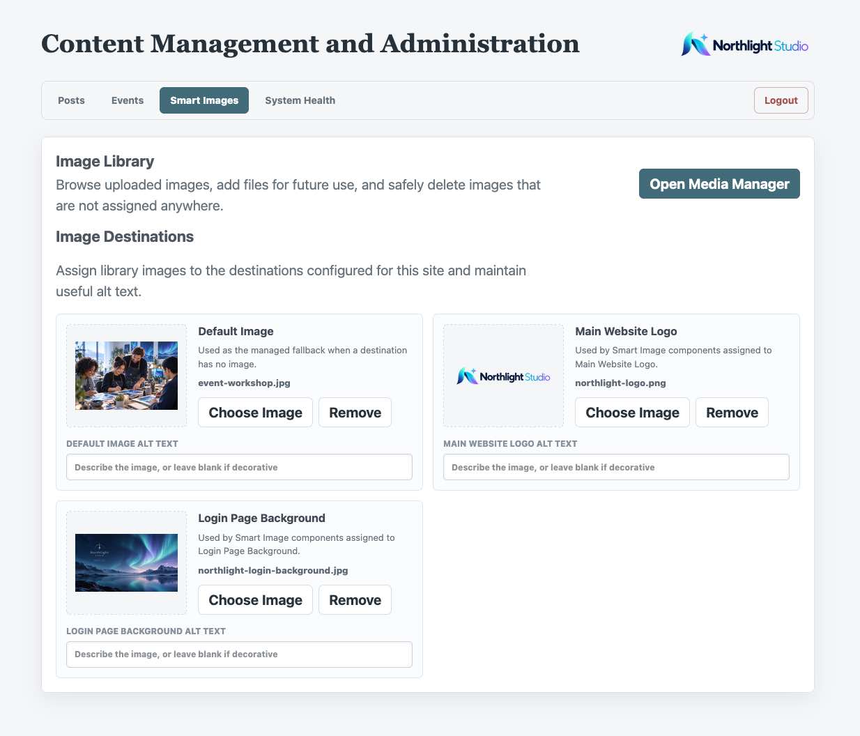 Smart Images with Default Image, Main Website Logo, and Login Page Background destinations and the assigned client logo.